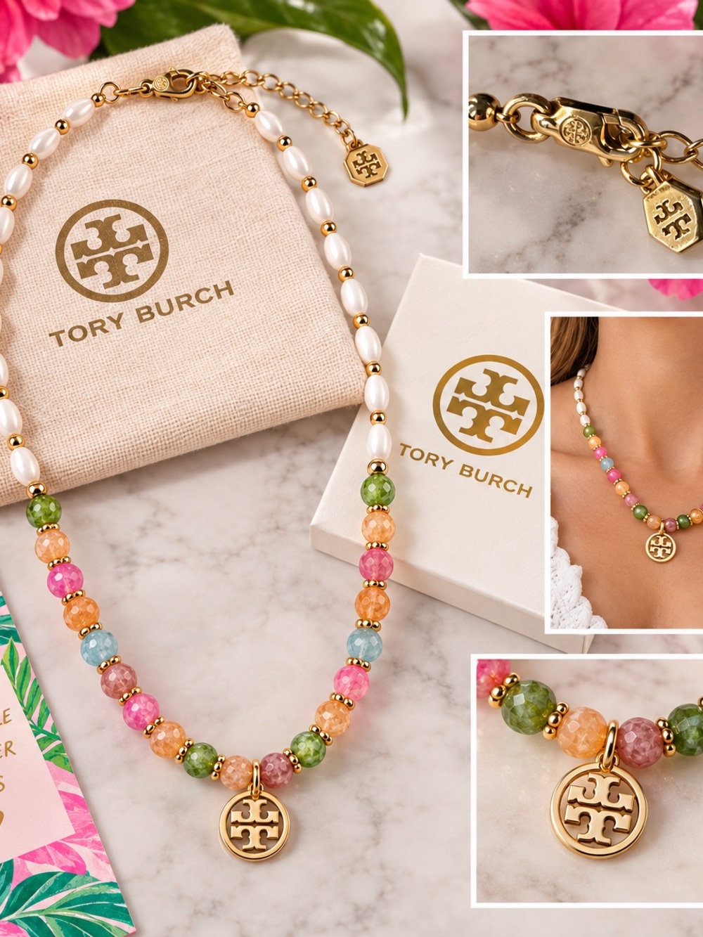 Tory Burch Multicolor Beaded Double T Charm Necklace NWT